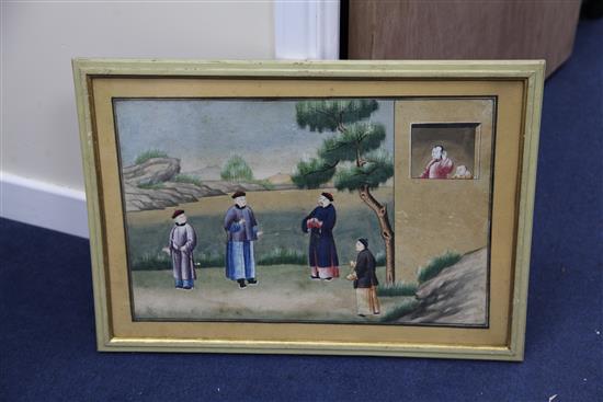 A pair of Chinese paintings on paper of figures in landscapes, Qianlong period, 41 x 60.5cm